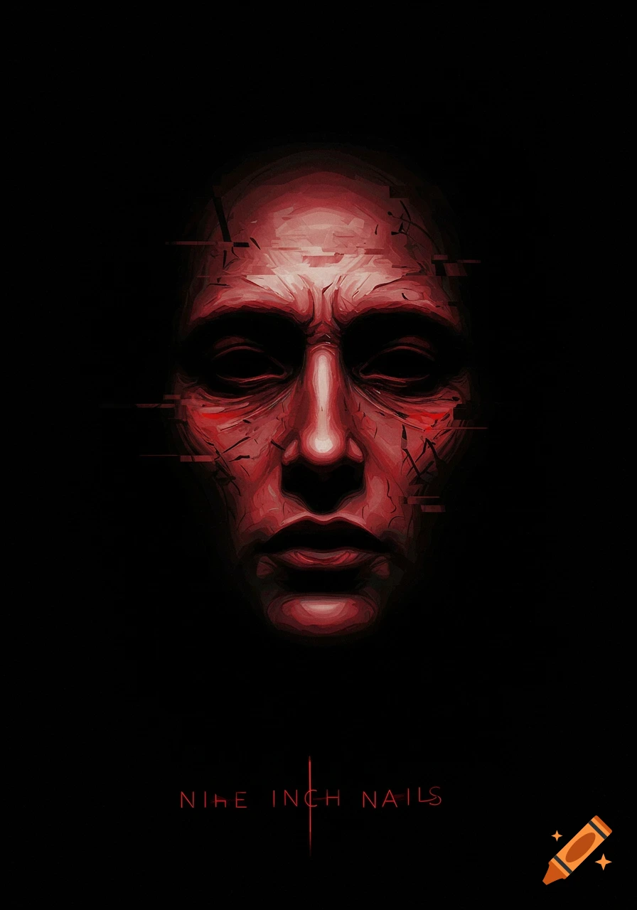 Abstract red face with cracks and digital distortion on black background, with 'NINE INCH NAILS' text below.
