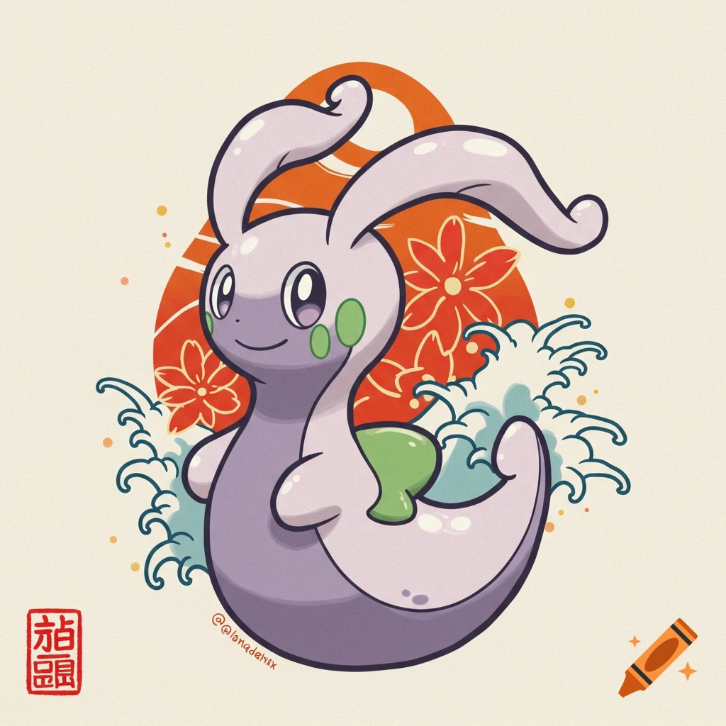 An illustration of a Pokemon character resembling Goodra in a Japanese art style with waves, flowers, and a red stamp