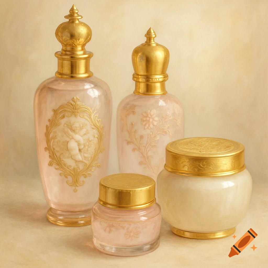 Ornate pink and gold glass skincare bottles and jars in a still life.