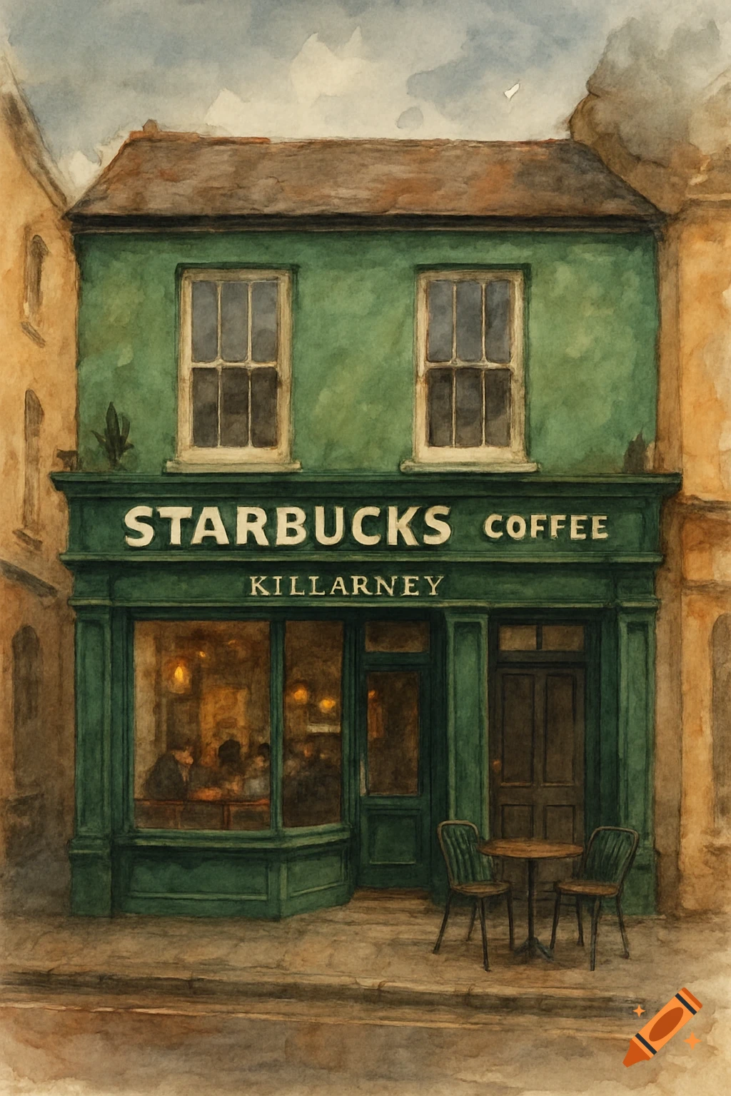 Watercolor painting of a Starbucks coffee shop building in Killarney with tables and chairs outside.
