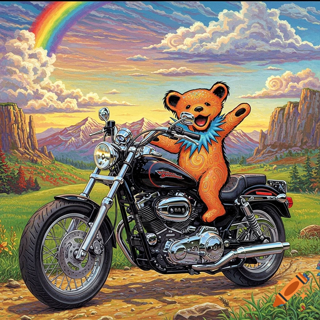 Cartoon bear riding a Harley Davidson motorcycle through a sunny landscape with a rainbow.