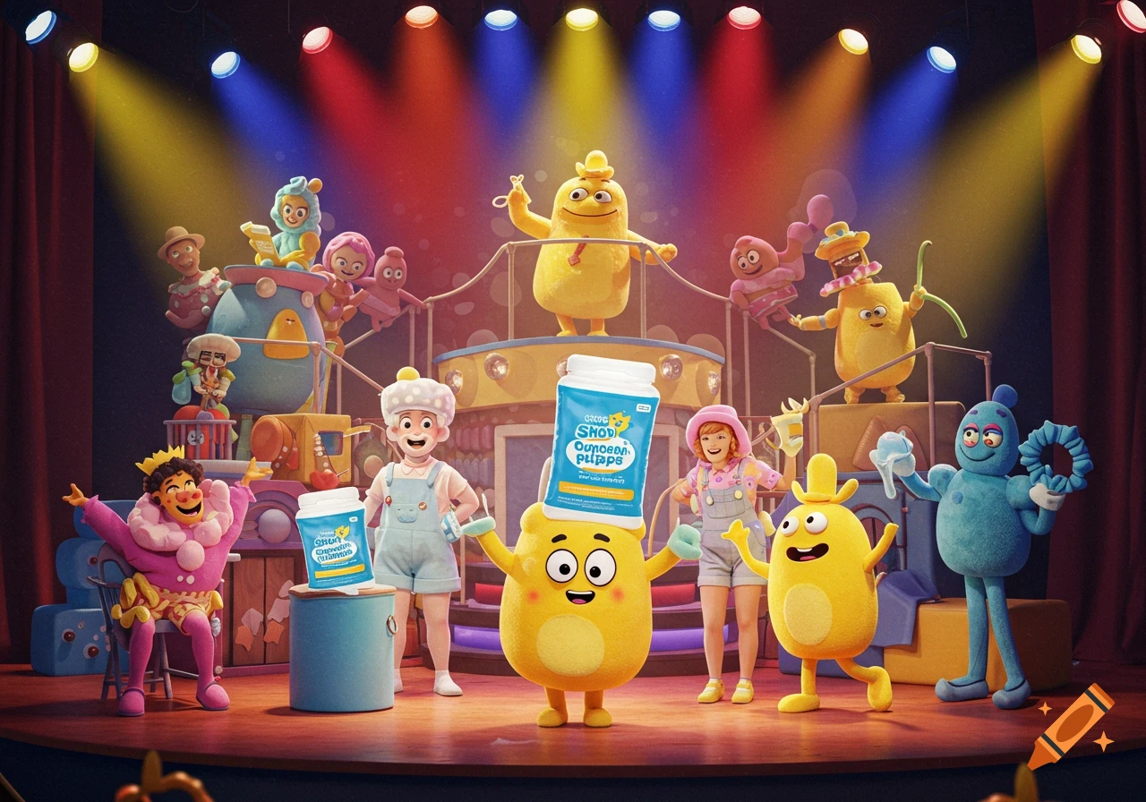 Cartoon and human characters on a stage with product bottles under spotlights. Digital art.