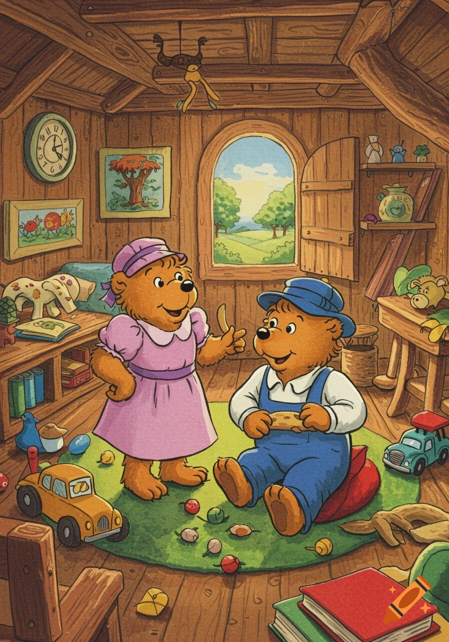 An illustration of two cartoon bears playing in a cluttered wooden room filled with toys and books.