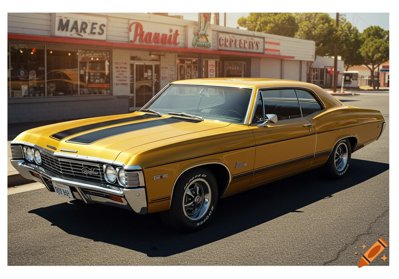 A gold classic car with black racing stripes parked on a street in front of a building.