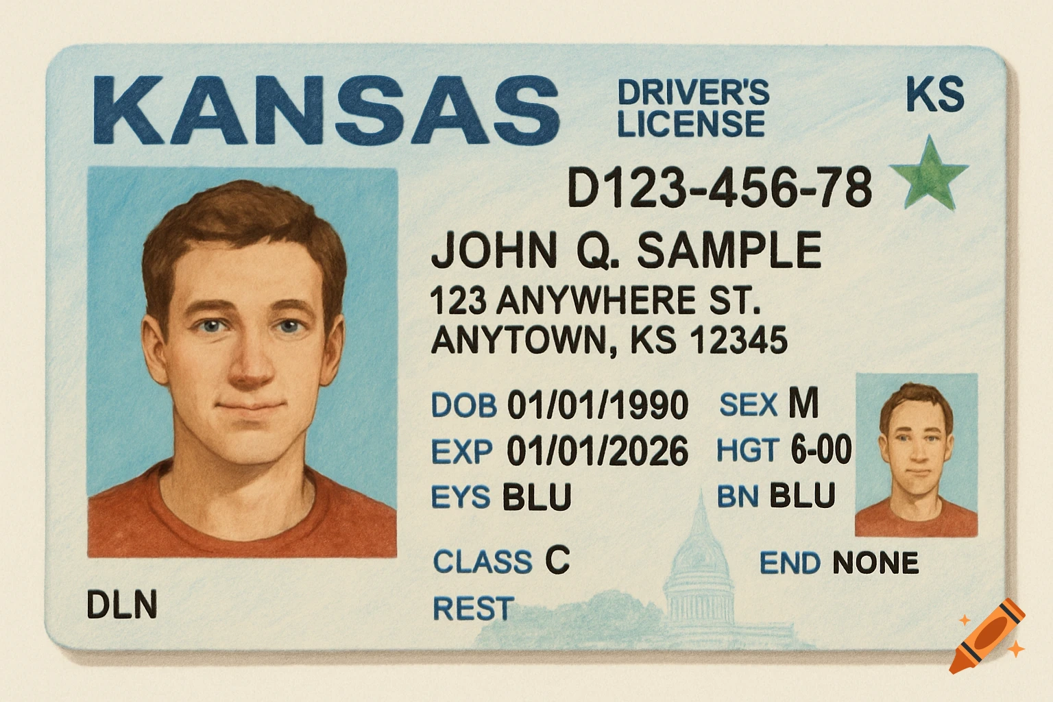 An illustration of a Kansas driver's license with a portrait of a man, name, address, and other details.