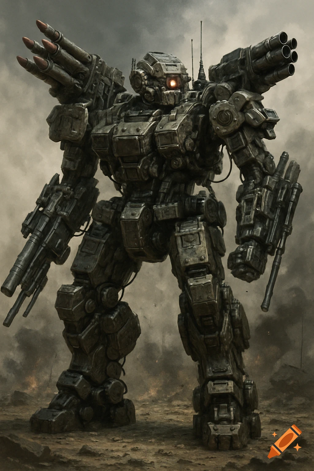 Detailed, heavily armed robot mech stands in a dusty, battle-scarred landscape under a cloudy sky.