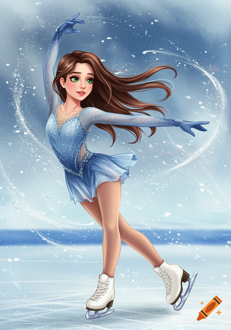 A figure skater performs on ice in a blue dress, illustrated style.