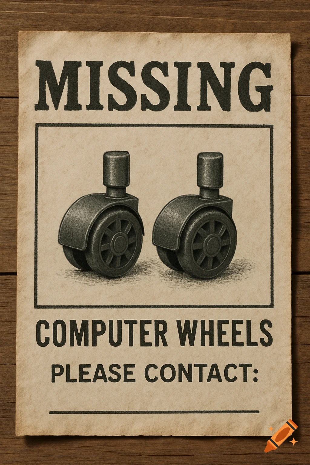 Vintage style missing poster for computer wheels.