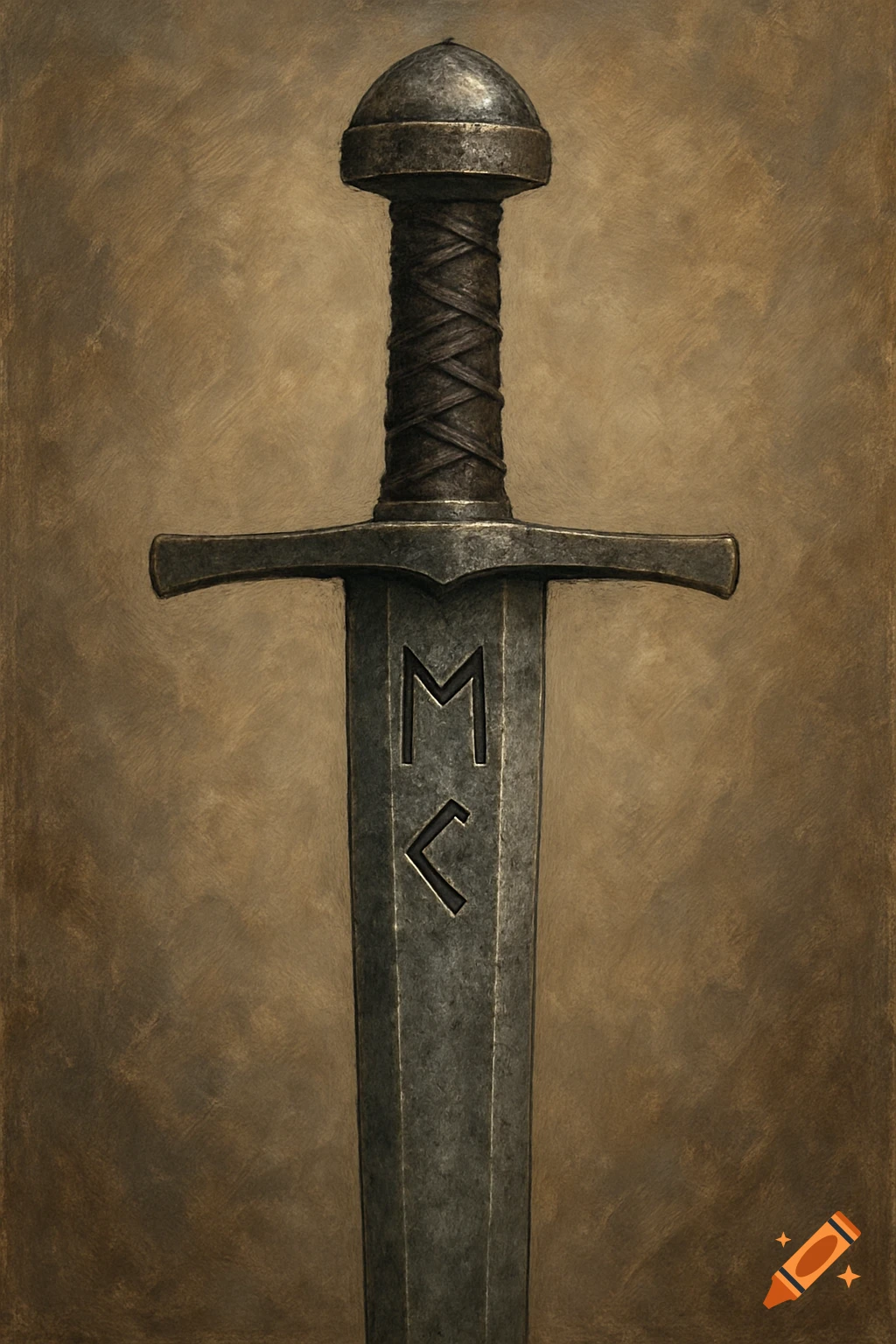 Close-up of an ancient-looking sword blade with runes inscribed on it, painted style.