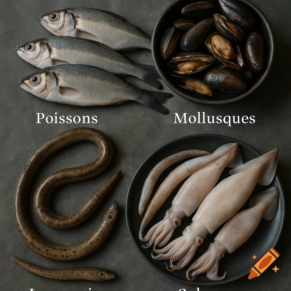 Photorealistic still life of raw fish, mussels, eels, and squid arranged on a dark surface with French labels.