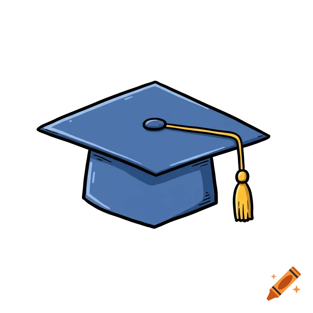 Cartoon drawing of a blue graduation cap with a gold tassel on Craiyon