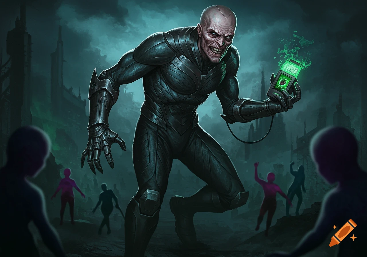 A bald supervillain in dark armor holds a glowing green device amidst silhouetted figures in a dark cityscape.