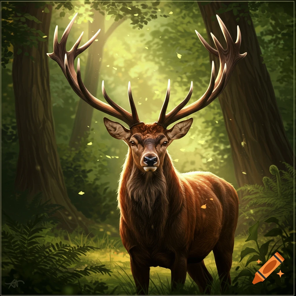 A majestic stag with large antlers stands in a sunlit forest clearing.
