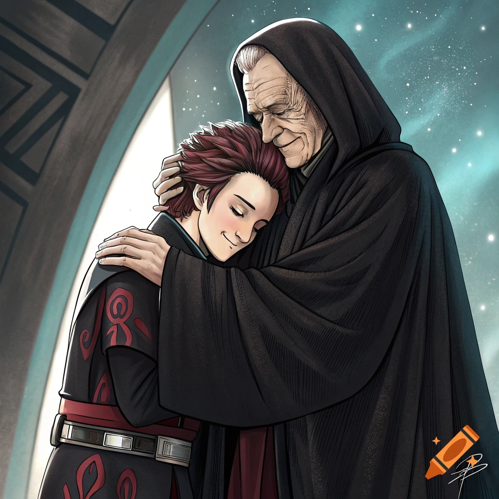 Stylized illustration of Emperor Palpatine hugging Tanjiro Kamado