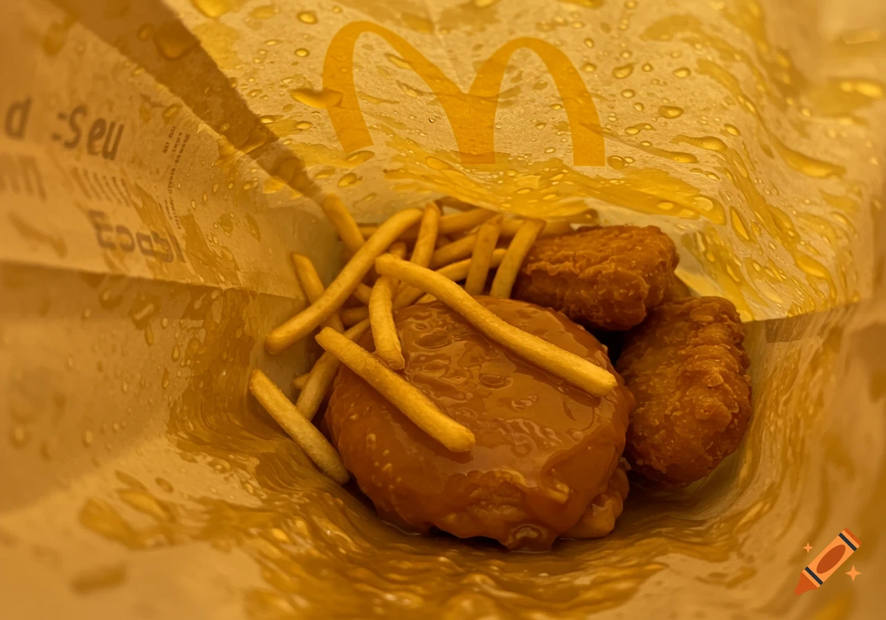 Close-up photo of french fries, chicken nuggets, and a sauced burger inside an oily McDonald's paper bag