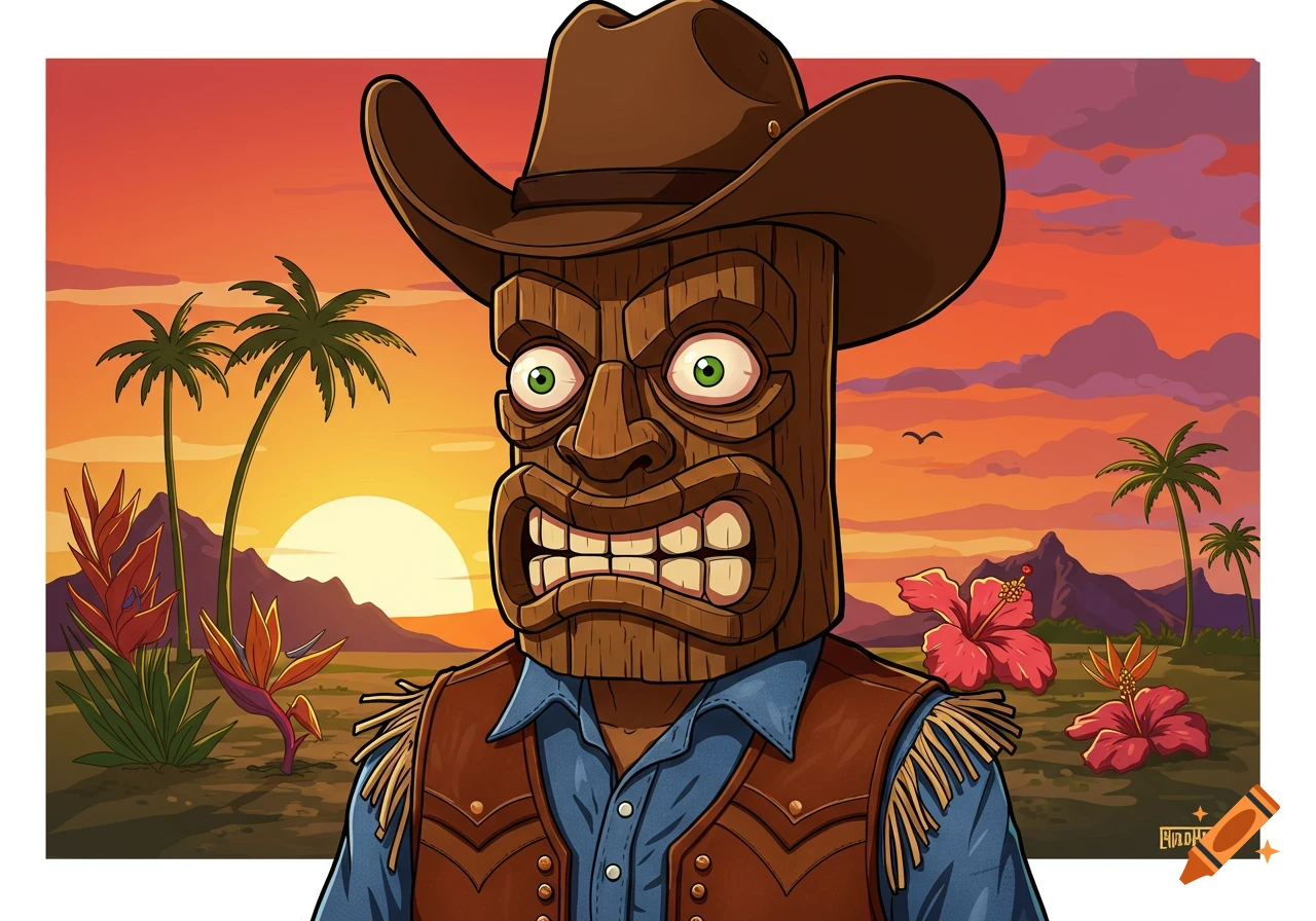 Cartoon illustration of a tiki head wearing a cowboy hat and vest against a tropical sunset.