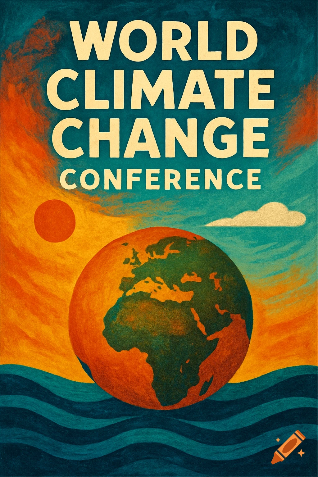Retro style poster for the World Climate Change Conference with globe, sun, and waves.
