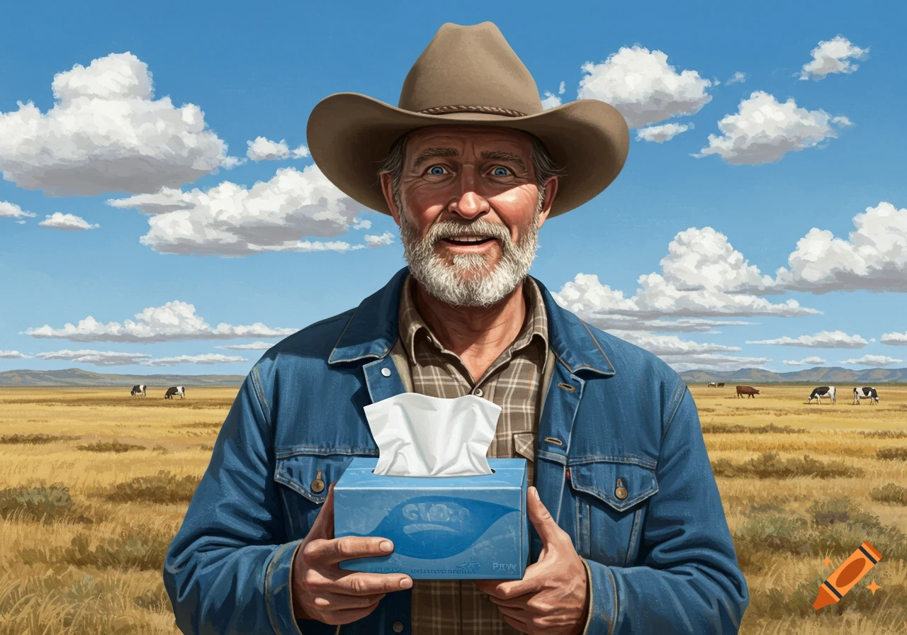 Rancher holding a box of tissues in a field with cows under a cloudy sky, painted style.