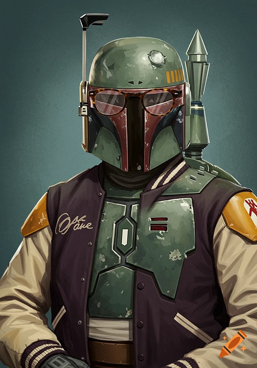 Boba Fett wears a letterman jacket and tortoiseshell glasses over his helmet in a portrait.