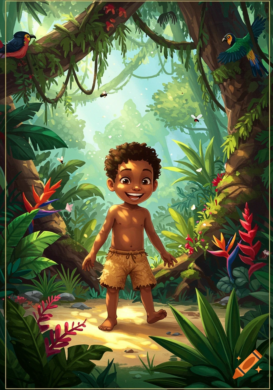 A young boy smiles in a lush, sunny jungle clearing with tropical plants and birds.