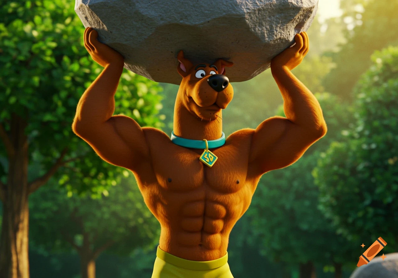 Muscular Scooby Doo lifts a large rock overhead in a forest, 3D animation style.