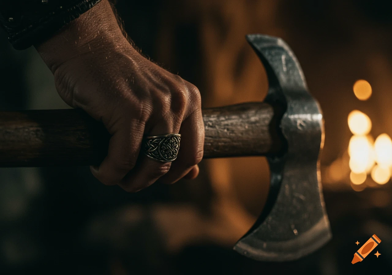 Close-up of a hand wearing an ornate ring, gripping a medieval axe in a dark, firelit cave.
