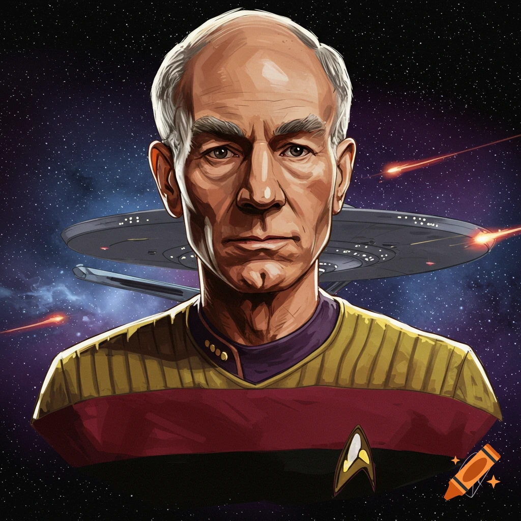 Stylized portrait of Captain Picard from Star Trek in space with the Enterprise-D
