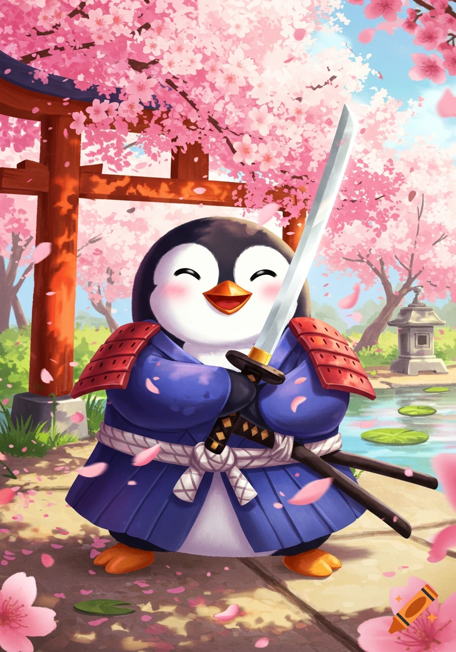 A cartoon samurai penguin stands under cherry blossoms, holding a sword.