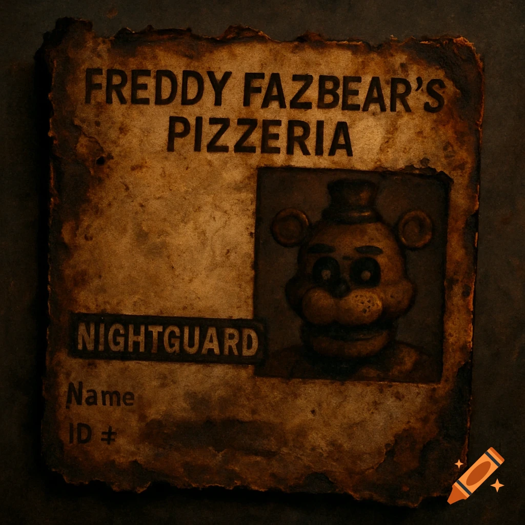 Burnt ID card for a nightguard at Freddy Fazbear's Pizzeria with Freddy portrait.