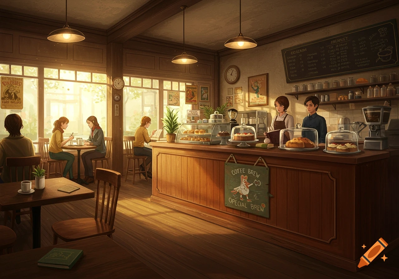 A cozy illustration of a coffee shop with customers at tables and staff behind the counter.