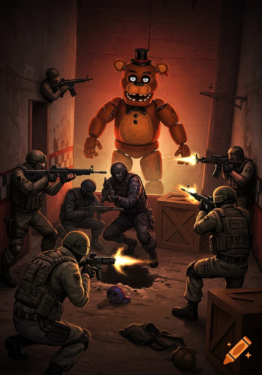 Freddy Fazbear is attacked by soldiers in a dark room, illustrative style
