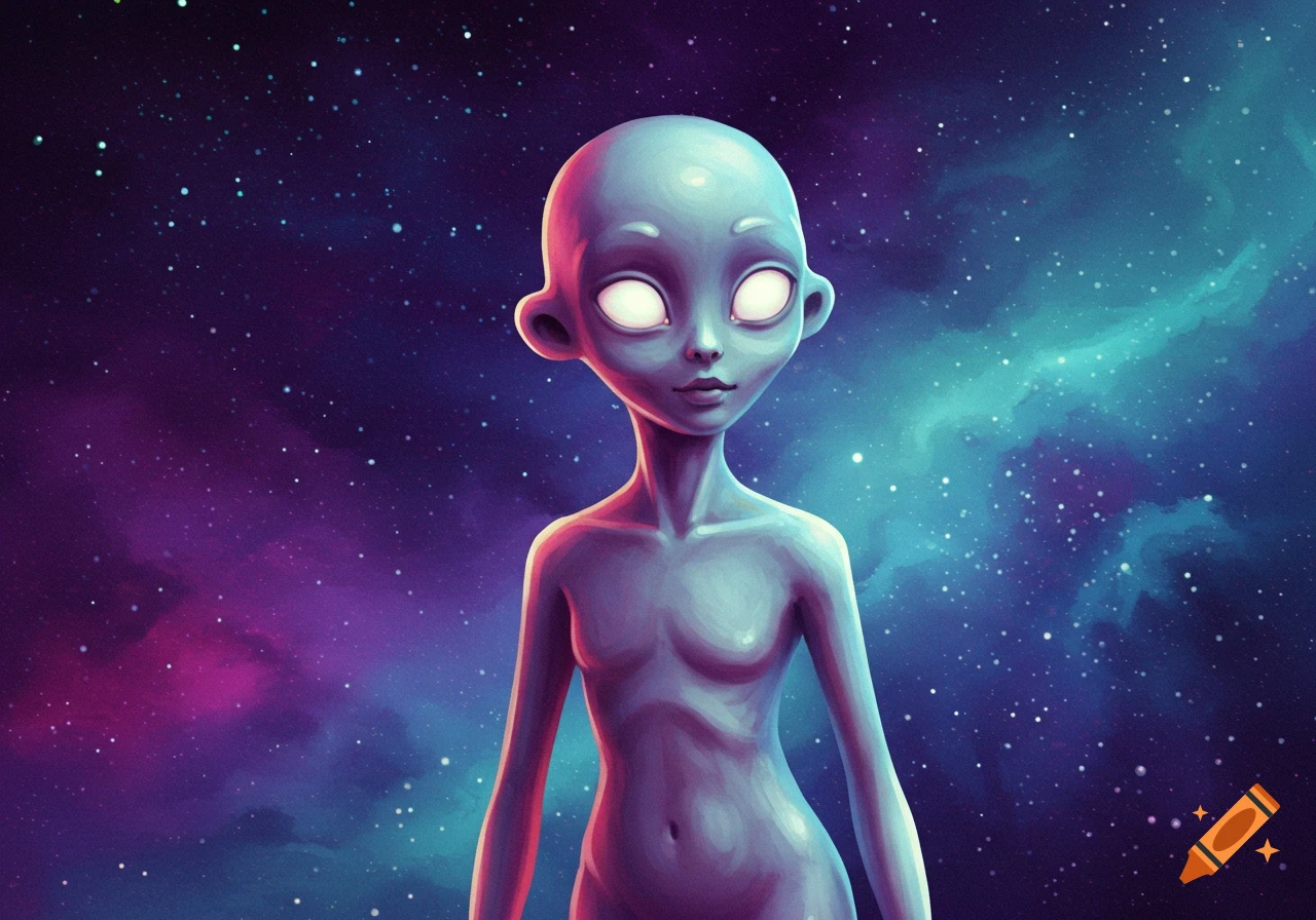 An alien figure floats in space surrounded by stars and nebulae.