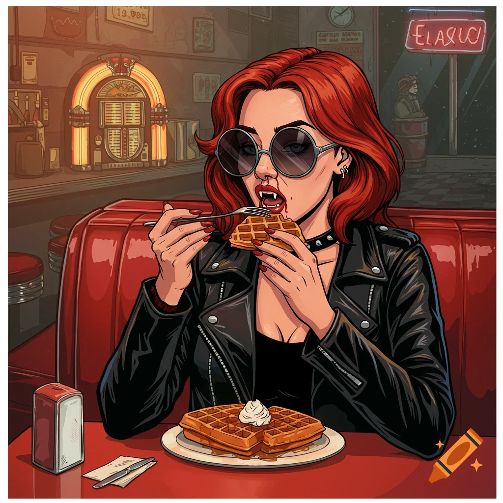 Illustration of red-haired vampire woman in sunglasses eating waffles at a diner.