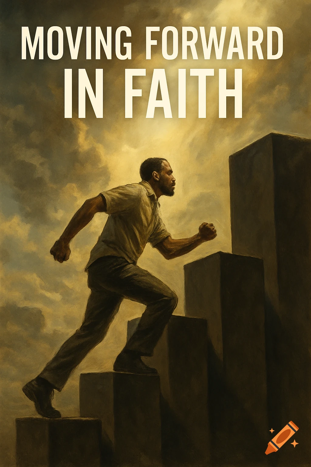 Painterly illustration of a man climbing block steps under a cloudy sky, with text 'Moving Forward In Faith' above.