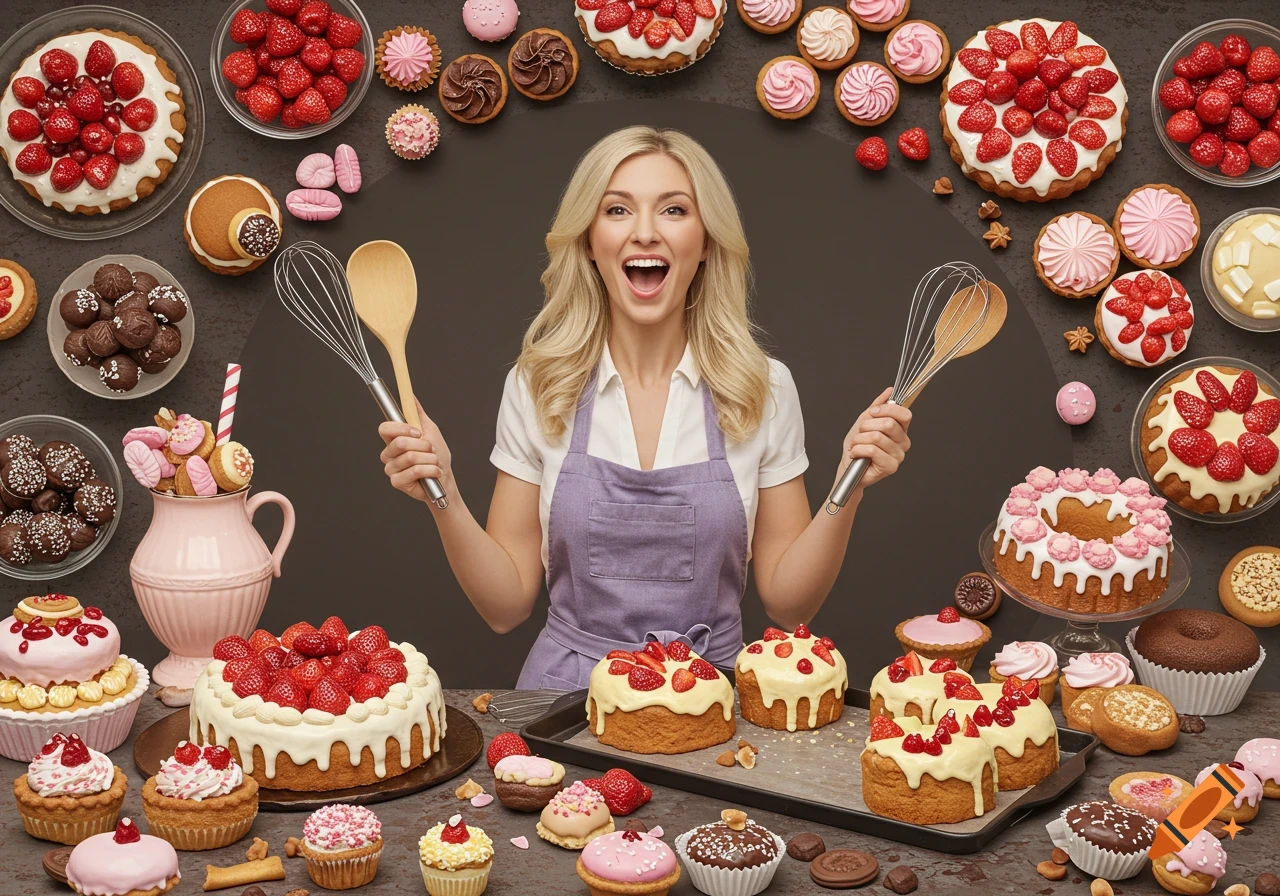 Woman holding baking tools surrounded by many desserts and sweets