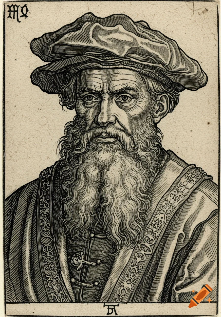 A detailed woodcut portrait of an old man with a long beard and elaborate hat, in a 16th-century style.