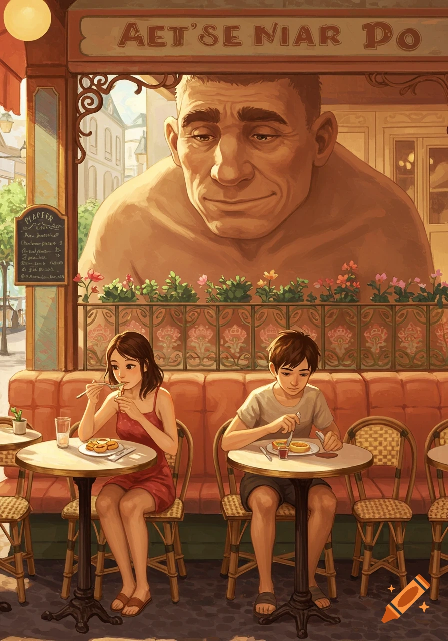 A giant looks over two people eating at an outdoor cafe.