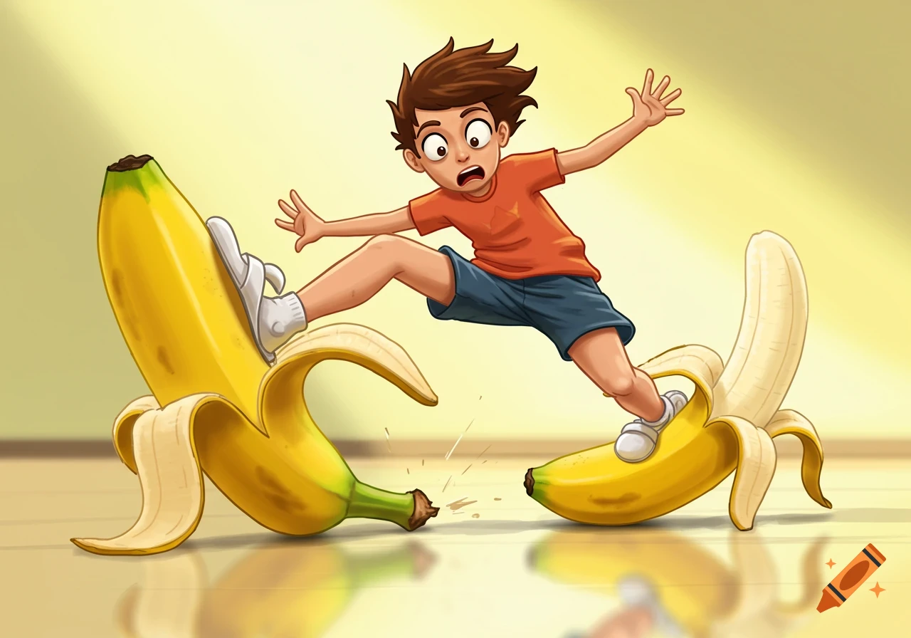 A cartoon boy with a surprised expression is in mid-air, slipping on two banana peels.