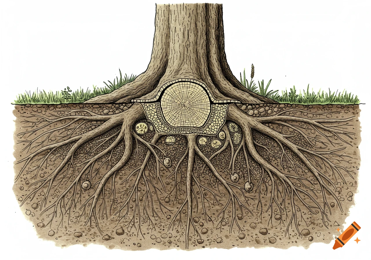 Line drawing cross-section of tree roots growing in soil, showing ...