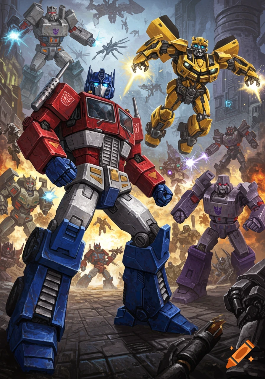 Optimus Prime and Megatron lead large groups of Autobots and Decepticons fighting in a city. Detailed illustration.