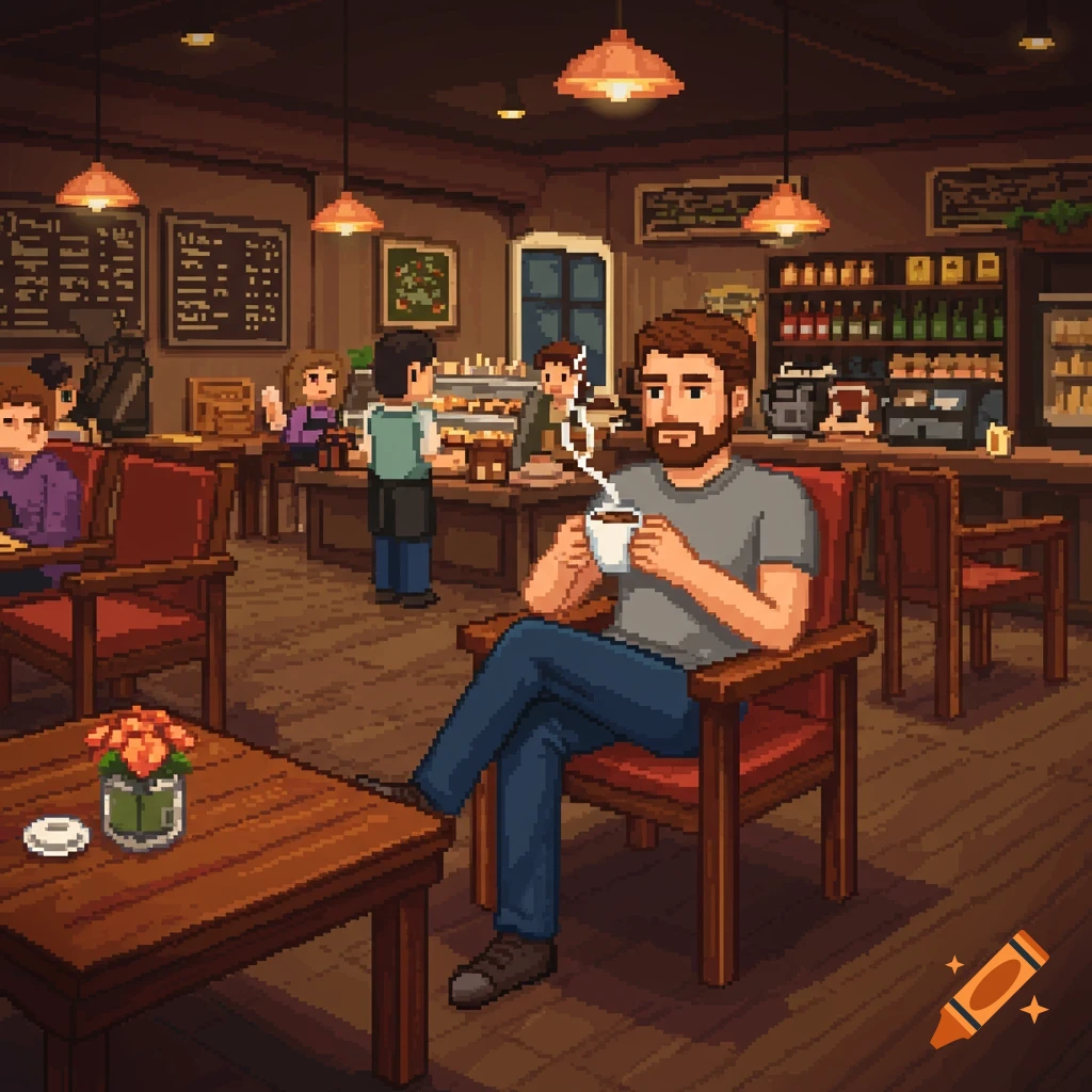 Pixel art of a man sitting in a chair drinking coffee in a busy coffee shop.