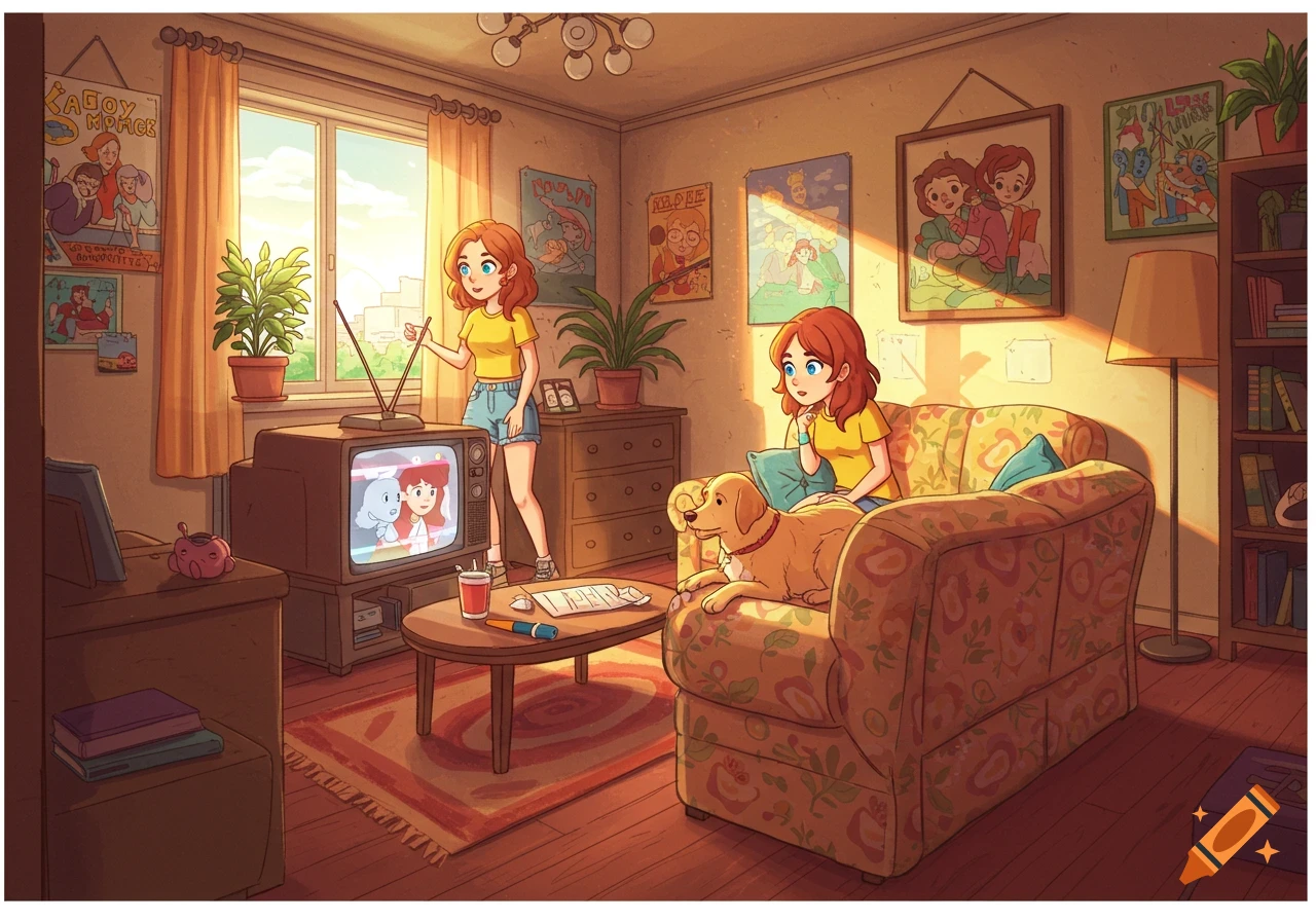Cartoon of girl and dog watching TV in a cozy living room with posters.