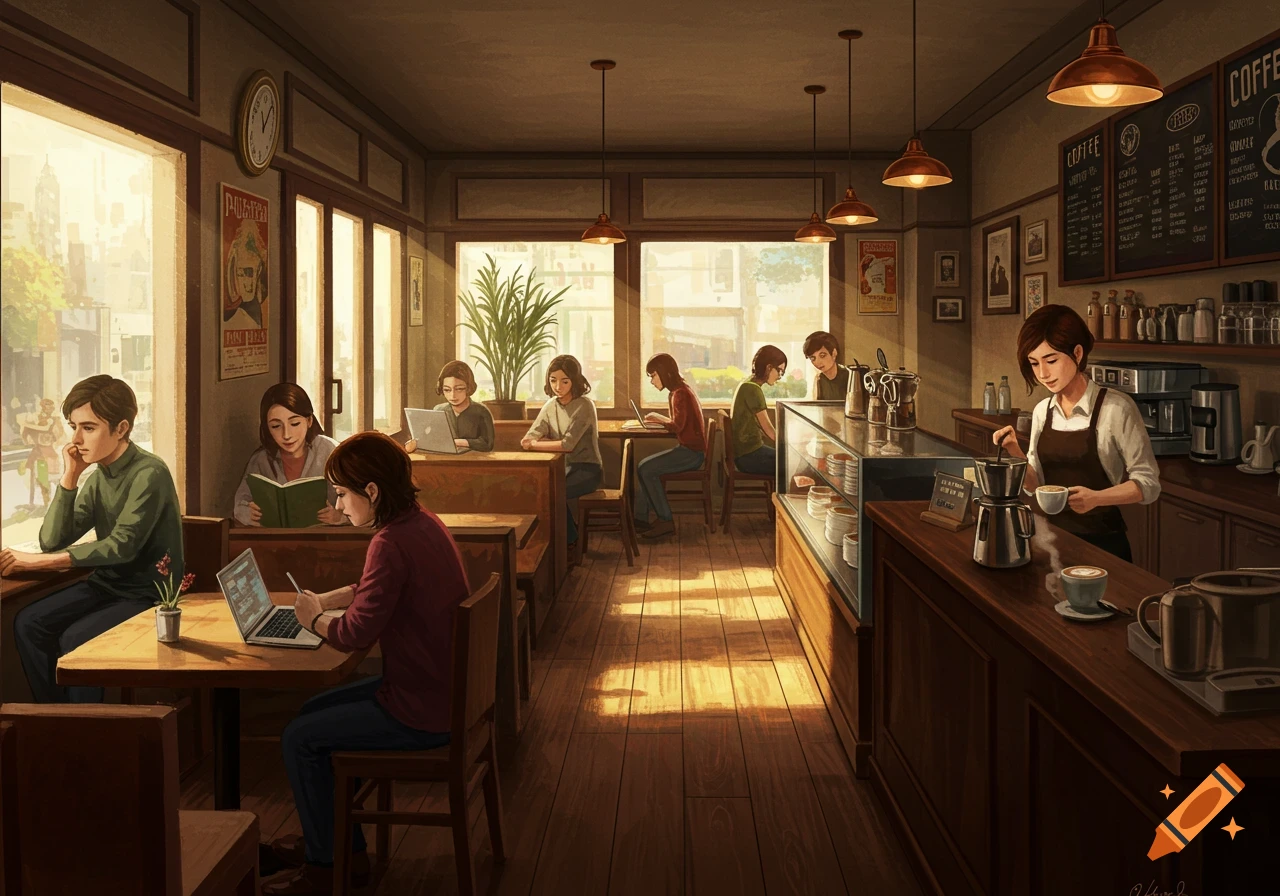 Digital painting of people sitting and working in a sunny coffee shop