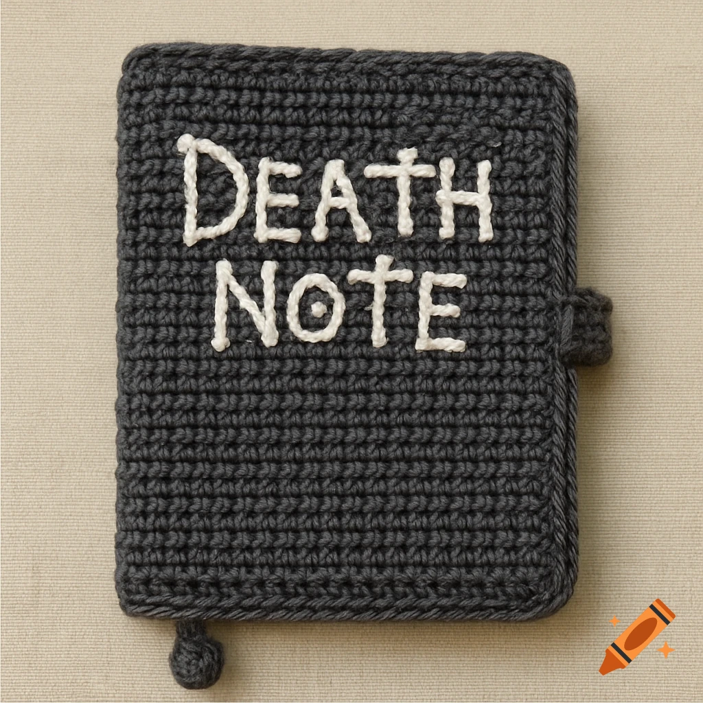 Close-up photo of a dark gray crochet notebook with DEATH NOTE stitched on it in white thread.