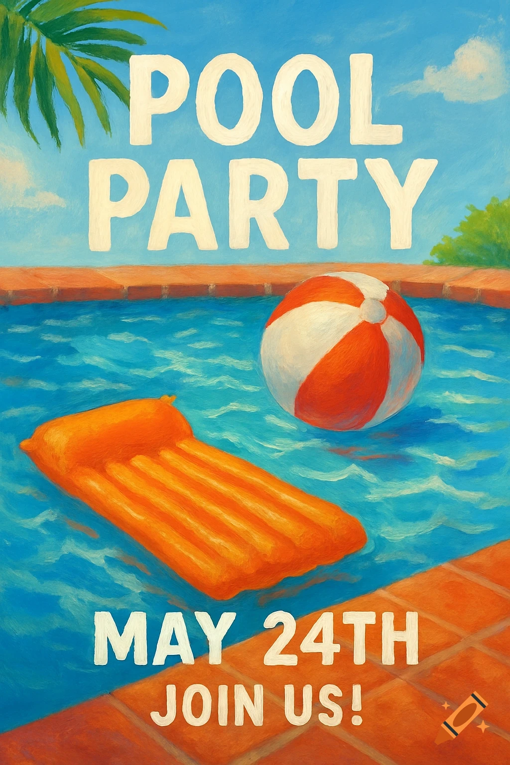Painterly illustration of a pool party flyer with an orange raft and beach ball in a pool, text reads 'POOL PARTY MAY 24TH JOIN US!'