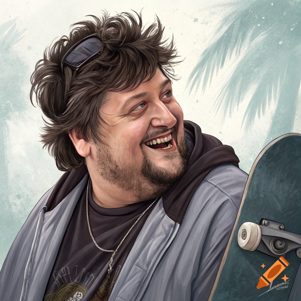 An illustration of a man smiling and holding a skateboard, with sunglasses on his head and a palm tree in the background.