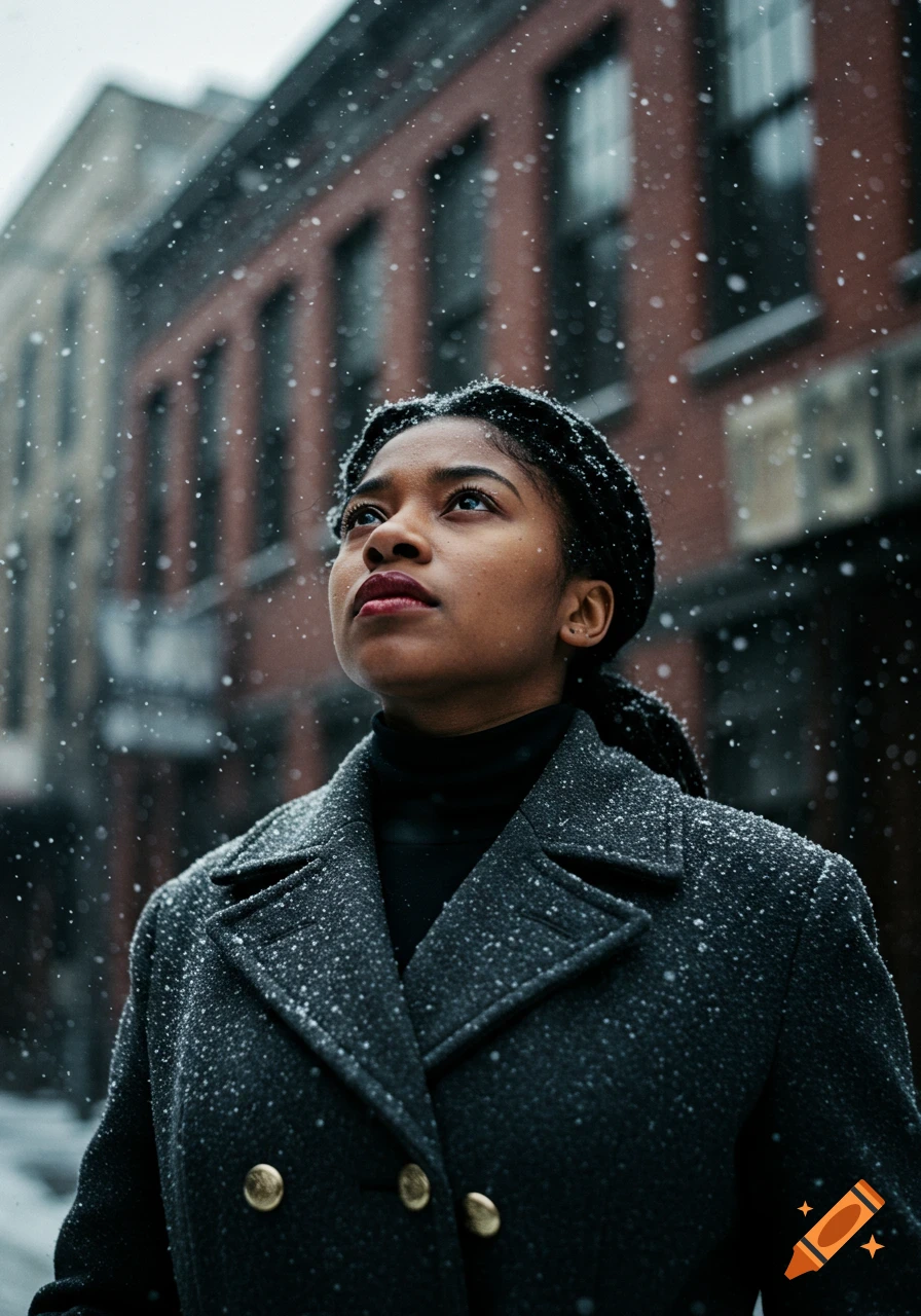 A woman in a coat looks up while it snows on a city street.
