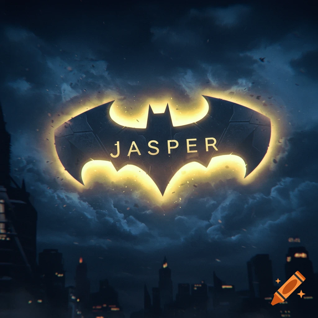 Batman signal with the name JASPER shining over a city at night