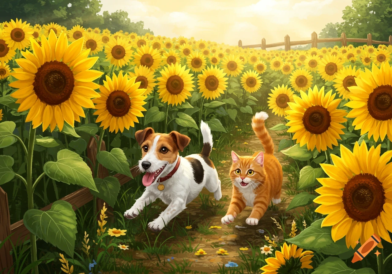 A dog and a cat run through a sunny field of sunflowers.