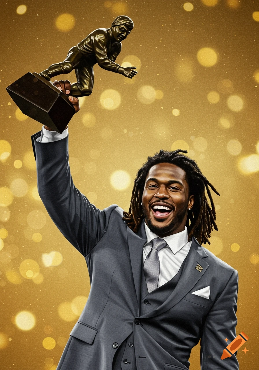 Man in suit holding a sports trophy against a gold background with bokeh lights.